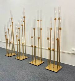 Candelabros de metal com 8 cabeças, 2 peças, suporte de velas, mesa de casamento, vasos de flores, decoração de festa de chumbo de estrada