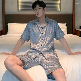 Men's Sleepwear Summer Thin Imitation Silk Pajamas Short Sleeve Shorts Two Piece Set Oversized Loose Fitting Jacquard Home Clothing