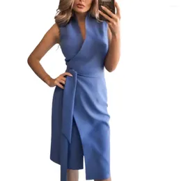 Casual Dresses Women Dress V Neck Belt Sleeveless Slim Fit Hip Wrap Match Shoes Polyester Solid Colour Ladies Clothes