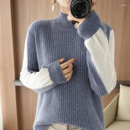 Women's Sweaters Cashmere Sweater Ladies Half High Neck Pullover Casual Knitted Color Matching Tops Pure Wool Autumn Winter Female Jacket