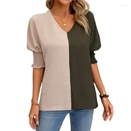 Women's Blouses Fashion Colour Blocking Chiffon Shirt Women Stretch Pleated Batwing Sleeve Loose V Neck Blouse Female Comfortable Casual Top