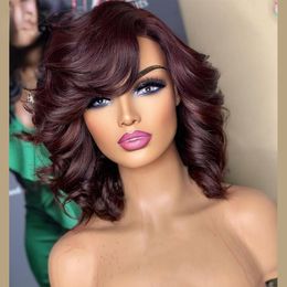 Brazilian Burgundy Red Short Wavy Human Hair Wig with Bangs 13X4 Lace Frontal Wigs for Black Women 180% Density Highlight Blonde /black Synthetic Wigs