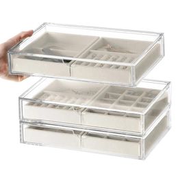 Display Transparent Jewelry Box Plastic Necklace Bangles Earrings Jewelry Box Organizer Velvet Drawer Ring Display Tray Trinkets Storage