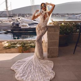 Charming Mermaid Wedding Dress Deep V Neck Appliques Sexy Bridal Dresses Pretty Sweep Train Pageant Party Gown Vestidos De Novia