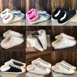 New Release Women Slip-on Sneakers Fashion Leather Suede Glitter Upper Plush Slippers Casual Classic Do-old Dirty Star Shoes