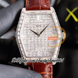 TWF Malte Paved Baguette Diamonds Dial A21j Automatic Mens Watch Iced Out Baguette Cut Diamond Bezel Brown Leather Band Super Edition Jewelr