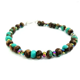 Strand 1pc Regenerate Turquoise Beaded Bracelet - 4x6mm Rondelle Beads Copper-Plated White Gold Accents Multicolor Glass