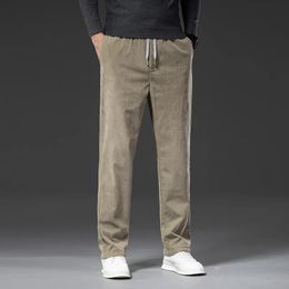 Spring Mens Corduroy Casual Pants Elastic Waist Business Fashion Straight Loose Trousers Male Black Khaki Blue M-5XL 240123