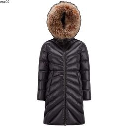 New Radial Grid Pattern Long Women Down Jacket Winter Hooded Fur Puffer Tight Waist Fashion Warm Coat Size Gp57