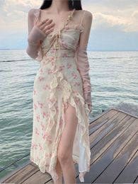 Casual Dresses 2024 Summer Floral Sleeveless Midi Women Elegant Designer Sexy Vintage Dress Female Party One Piece Korean Fashion