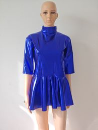 Blue Shiny Metallic pleated skirt Women's Dancing Dress half Sleeve Back Zippered Dress Party Clubwear Pole Dance Costume