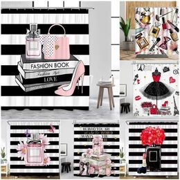 Shower Curtains Pink Perfume High Heel Shower Curtain Set Black White Stripes Fashion Girl Woman Bathroom Decor Polyester Bathtub Curtains Hooks