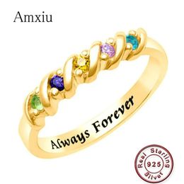 Rings Amxiu Handmade 925 Silver Ring Customize Name Ring with Five Birthstones Colorful Zircon Rings For Women Mother's Special Gift