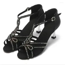 Sandals 5.5cm 8.5cm Heel Satin Rhinestones Latin Dance Shoes Ballroom For Women Metal Performance Ladies