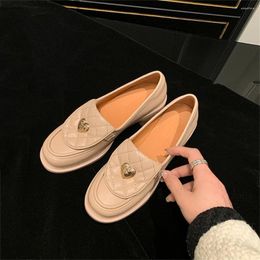 Dress Shoes Spring Metal Heart Women Round Head Soft Sole Thick Heels Loafers Slip On Leather Zapatos Mujer