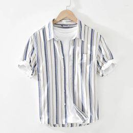 Men's Casual Shirts 2024 Summer Thin Cotton And Linen Shirt Youth Fresh Striped Square Collar Short Sleeve