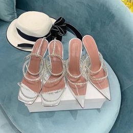 Sandals 2024 Spring/Summer AMINA MUADDI PVC Transparent Rhinestone Horseshoe Heel Women's Genuine Leather High Slippers