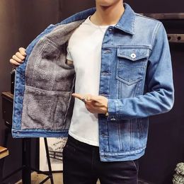 Denim Jackets Man Warm Lamb Jeans Coat for Men Wool Button with Sheep Padded Padding Black Korean Clothes Vintage Size L 240119