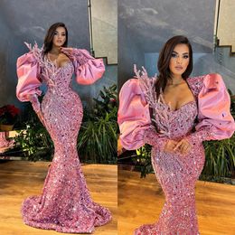 Sparkle Pink Mermaid Evening Dresses Puff Sleeves Prom Gowns Pearls Beaded Custom Made Crystals Sequined Party Dresses