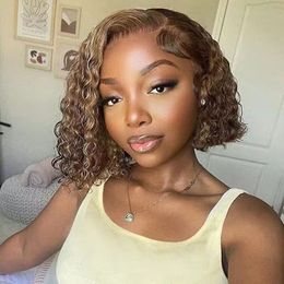 Brown mixed blonde 4/27 hd lace t part kinky curly bob pixie blunt cut water wave pre plucked 150%density curly bob wig for black women cheap for sale