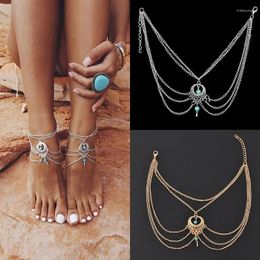 Anklets Retro Ethnic Style Hollow Turquoise Water Drop Ankle Chains Fashion Bohemian Multi-layer Hollowed Out For Women