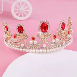 Hair Clips Bridal Accessories Red Crystal Crown Wedding Pearl Jewellery Tiara Rhinestone Crowns For Women NA