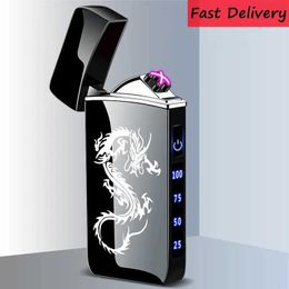 Touch Sensing Metal Windproof Electric Lighter Dual Pulse Arc Flameless USB Rechargeable Lighters Digital Power Display Gift
