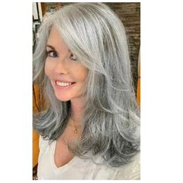 Salt and pepper layered hair wig hd lace silver grey raw virgin human hair wig 13x4 lace frontal wig gray balayage fluffy bang for white lady