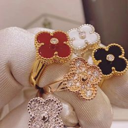 Designer Jewellery High Version V Gold Lucky Clover Ring Female S925 Silver Natural White Jade Full Diamond Ring Party Gift