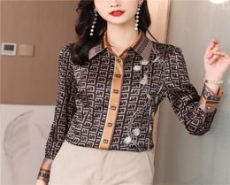 2022 Fashion Silk Print Brown Shirt Women Long Sleeve Lapel Button Designer Blouses Spring Autumn Office Ladies Shirts Runway Woma8530310