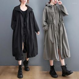 Women's Trench Coats Long Knee Length Windbreaker Autumn Loose Fashion Versatile Drawstring Waist Hooded Coat