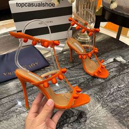 Aquazzura Aura Heels Pendant Rhinestonesball Stiletto Sandals Strap Spool Heels Sky-high Evening Shoes Women High Heeled Designers Dress Shoe