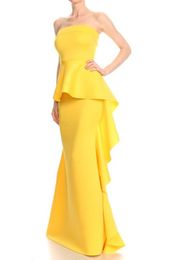 Elegant Long Strapless Yellow Crepe Prom Dresses With Ruffles Mermaid Watteau Train Party Dress Maxi Formal Evening Dresses for Women