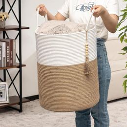 Laundry Bags Large Storage Basket Tall Woven Decorative Hamper With Handles Foldable Cotton Rope For Clothes Kids Toys Living Room