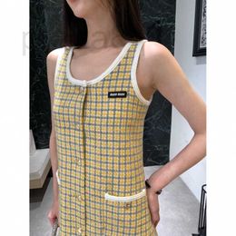 Basic & Casual Dresses Designer MM 2024 early autumn new plaid wool coarse Woollen vest skirt with gold buckle paired yellow sweet girl style 09R2