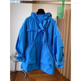 Women's Trench Coats Korean Bow Drawstring Waist Big Pockets Hooded Coat Women Blue Outwear Spring Loose Casual Long Sleeve Windbreaker