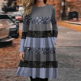 Casual Dresses Women Spring Fall Dress Sequin Colorblock Round Neck Loose Long Sleeve A-line Big Swing Above Knee Length Pullover Lady