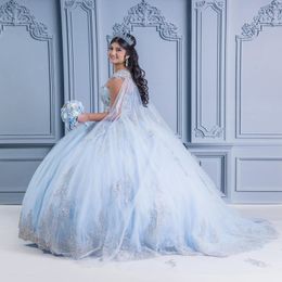 Sky Blue Princess Quinceanera Dress 2024 Off Shoulder Appliques Lace Beads With Cape Party Sweet 16 Gown Vestidos De 15 Anos