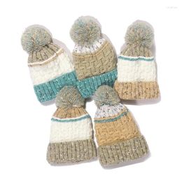 Berets Mosaic Color Knitting Thickening Keep Warm Women Pompom Hat Autumn Winter Plush Fur Ball Unisex Knitted Beanie