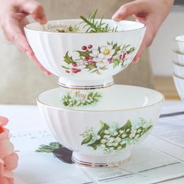 Bowls Month Flowers Porcelain Rice Gold Line Noodle Bowl Salad Soup Fruit Service For Kitchen