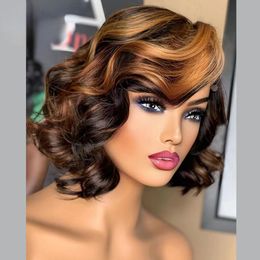 Hair Accessories Brazilian Honey Blonde Highlight Body Wave Human Hair Bob Lace Wigs Glueless Wet Wavy Body Wave Short Lace Front Wig Synthetic Preplucked