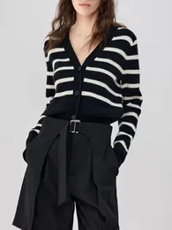 Women's Knits Knit Sweater Cardigans V-Neck Black And White Stripe For Women 2024 Fashion Vintage Long Sleeve Top Short Woman Coat