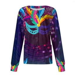 Women's T Shirts Women Working Uniform Mardi Gras Mask Printed Long Sleeve Stand Neck Jacket Tops Single-Breasted Work Wear Uniforms