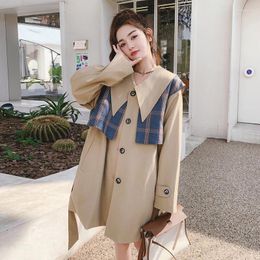 Women's Trench Coats Plaid Shawl Spliced Single Breasted Belt Coat Jacket 2024 Spring Women Elegant Korean Style Loose Windbreaker 6651