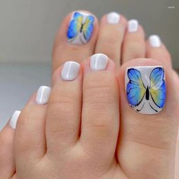 False Nails Summer Chic Blue Butterfly Full Cover White Short Flat Shape Toe DIY Foot Tips Art Manicure Salon Material