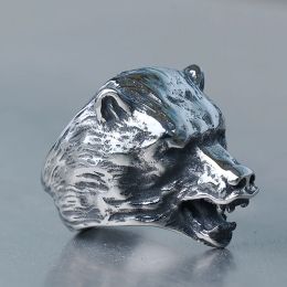 Cool Viking 14K White Gold Bear Head Animal Ring Jungle Master Slavic Raging Bear Head Ring Mens Biker Fashion Jewelry