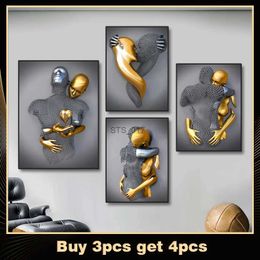 Paintings Metal Figure Golden Statue Art Canvas Painting Romantic Abstract Lovers Posters and Prints Wall Pictures Modern Home Decor Gifts