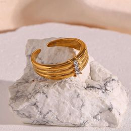 Open Design 18k Gold Plated Three Zircon Signet Rings Jewelry Women Stainless Steel Ring