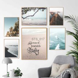 Paintings Beach Wall Art Prints Palm Tree Coastal Posters Sea View Photo Pictures Ocean Waves Canvas Painting for Living Room Home Decor