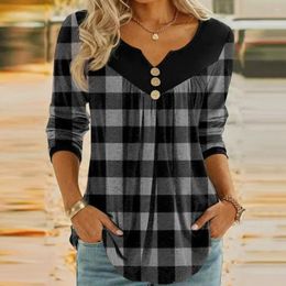 Women's Blouses Women Regular Fit T-shirt Christmas Plaid V-neck Blouse With Button Decor Long Sleeve Tunic Tops For Streetwear Holiday